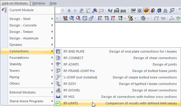 Menu navigation in the add-on module for connections with selected RF-LIMITS